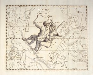 Souhvězdí Blíženců, rytina z nebeského atlasu Firmamentum Sobiescianum sive Uronographia, od Johanna Hevelia (1611-1687), Gdaňsk od Johannes Hevelius
