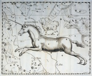 Monoceros, souhvězdí Jednorožce, rytina z nebeského atlasu Firmamentum Sobiescianum sive Uronographia, od Johanna Hevelia (1611-1687), Gdaňsk