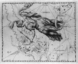 Souhvězdí Cepheus (nebo Cephee), král Etiopie. Talíř nakreslený z "" Firmamentum Sobiescanum sive Uranographia"" od Johannese Hevelia nebo Hevela (1611-1687)