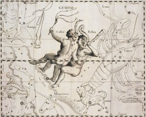 Souhvězdí Blíženců, ilustrace z Firmamentum Sobiescianum sive Uranographia, Johann Hevelius (1611-1687), Gdaňsk 1690