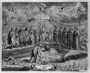 Slavní astronomové. Mezi nimi zleva doprava: Walterus (?) , Tycho Brahe (Tyge Ottesen Brahe), známý jako Le noble Danish nebo L