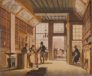 Der Laden des Buchhändlers Pieter Meijer Warnars am Vijgendam v Amsterdamu. 1820 od Johannes Jelgerhuis
