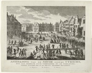Patrioti opouštějí Neude v Utrechtu, 1787 Vyobrazení Neude v Utrechtu, jak se jevilo, když bylo opuštěno v noci mezi XV. a XVI. září MDCCLXXXVII (název na objektu)