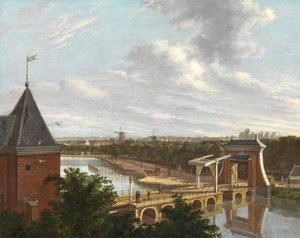 Amsterdam Outer Canal v blízkosti Leidse Poort při pohledu z divadla Vnější příkop Amsterdamu s přístavem Leidse při pohledu z Městského divadla