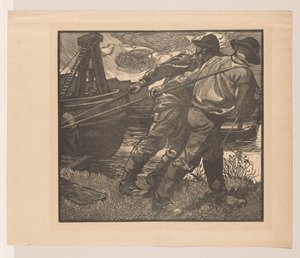 Dělníci s lany na břehu od Johannes Josephus Aarts