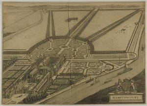 Hampton Court, deska šest od Britannia Illustrata od Johannes Kip