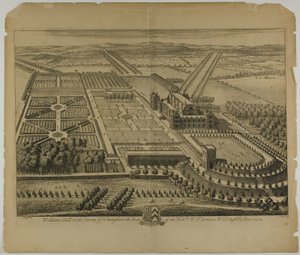 Wollaton Hall v hrabství Nottingham, deska 68 z Britannia Illustrata