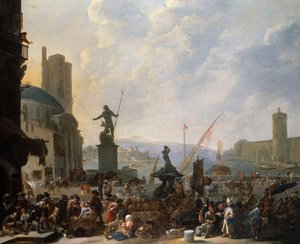 Capriccio ze středomořského přístavu s Berniniho fontánou Triton a Capriccio z Palais du Louvre, 1651 od Johannes Lingelbach
