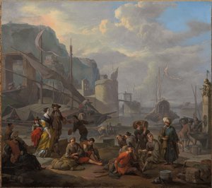Středomořský přístav s elegantním párem a cestovateli odpočívajícími u nábřeží od Johannes Lingelbach