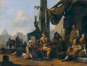 Italští rolníci popíjející u dveří římského hotelu ... od Johannes Lingelbach