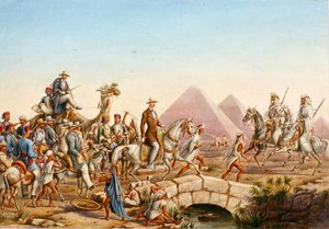 Princ Albert Pruský se svým doprovodem na prohlídce pyramid v Gíze (akvarel na papíře) od Johannes Rabe