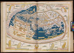 První vydání Ptolemaia vytištěné v Německu a první s dřevorytovými mapami. Původní vazba. od Johannes Schnitzer