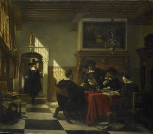 Společnost v kostýmech ze 17. století u stolu, na kterém je pohár Nautilus. od Johannes Stroebel