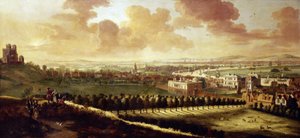 Pohled na Greenwich a Londýn (Anglie), kolem roku 1680, vlevo Královská observatoř, uprostřed Královský dům a volně pobíhající jeleni v parku.