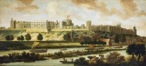 Pohled na hrad Windsor a celé panorama kolem budovy s popisem parku a aktivit na řece, různé lodě, od rybářských až po královské lodě.