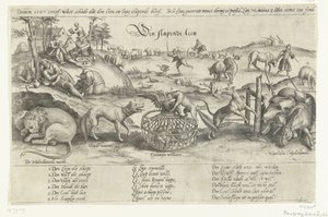 Spící lev, 1567 Spící lev (název na objektu) Čtyři alegorie událostí mezi 1576-1579 v Nizozemsku (název série) od Johannes Wierix (attributed to)