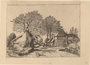 Cesta se stodolou a chalupami od Johannes and Lucas van Doetechum after Master of the Small Landscapes