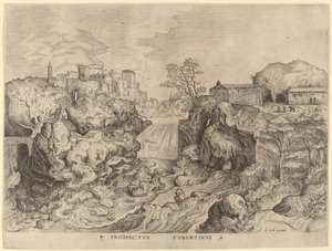 Prospectus Tyburtinus (Pohled na Tiberu) od Johannes and Lucas van Doetechum after Pieter Bruegel the Elder
