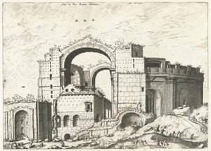 Gezicht op de Sint Pieter v Římě Deformace Aedis D. Peter Romana (titul na objektu) Římské ruiny, 1561 (název série) od Johannes of Lucas van Doetechum (attributed to)