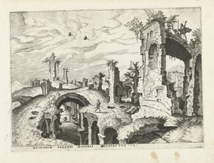 Pohled na ruiny na Palatine Hill Římské ruiny, 1561 (název série) od Johannes of Lucas van Doetechum (attributed to)