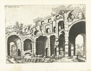 Pohled na amfiteátr pravděpodobně Koloseum Římské ruiny, 1561 (název série) od Johannes of Lucas van Doetechum (attributed to)