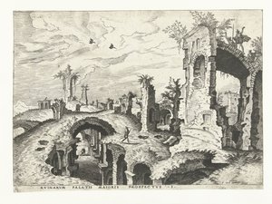 Pohled na ruiny na Palatine Hill v Římě Římské ruiny, 1561 (název série) od Johannes of Lucas van Doetechum (attributed to)