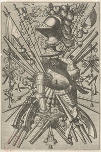 Povrchová dekorace, tvořená trofejí zbraně Povrchové dekorace a vlysy s trofejemi (název série) od Johannes of Lucas van Doetechum