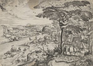 Jít do krajiny Emaus s poutníky v Emaus, ca. 1555-56. Tvůrci: Johannes van Doetecum I, Lucas van Doetecum od Johannes and Lucas van Doetecum
