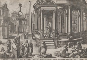 Zacharias Vykročení z chrámu, ze série Události v chrámu a jeho okolí,..., ca. 1572. Tvůrci: Johannes van Doetecum I, Lucas van Doetecum. od Johannes and Lucas van Doetecum