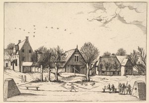 Venkovská vesnice, lukostřelci v popředí z Multifariarum casularum ruriumque linea..., 1559-61. od Johannes van Doetecum I