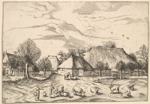 Farmy, dobytek s pastevci a dojičkami v popředí z Multifariarum casularu..., 1559-61. od Johannes van Doetecum I