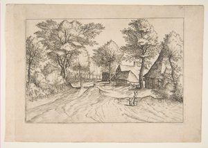 Vesnická cesta s farmou a kůlnami, ze série, The Small Landscapes Multifariaru..., 1559-61. od Johannes van Doetecum I