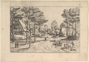 Village Street, dobytek, ovce a pastevec v popředí od vily Praediorum..., ca. 1559-61.