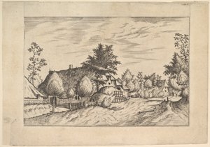 Village Street, seno naskládané před farmou ze statkové farmy a venkova..., ca. 1559-61. od Johannes van Doetecum I