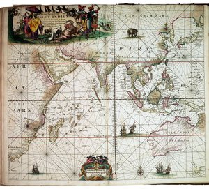 Mapa ve Van Keulenově "Velkém a nově rozšířeném atlasu moří".