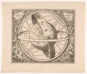 Hemelkaart van de aarde volgens het stelsel van Ptolemaeus Poloha Země obklopené nebeskými kruhy (nadpis na objektu) od Johannes van Loon