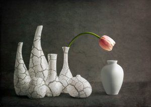 Vázy s motivem růžových tulipánů s prasklinami