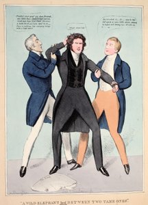 "Ein wilder Elefant zwischen zwei zahmen geführt", veröffentlicht 1830