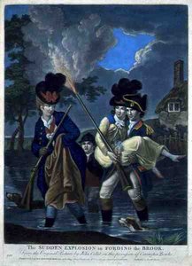 A Sudden Explosion in Fording the Brook, pub. od Carington Bowles (fl. 1744-93) (mezzotintová rytina) od John (after) Collet