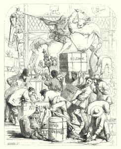 Příjezd zboží, které má být vystaveno na Velké výstavě v roce 1851, Crystal Palace, Hyde Park, Londýn (rytina) od John (after) Gilbert