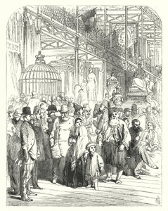 Vystavovatelé a návštěvníci v Crystal Palace, Hyde Park, Londýn, místo konání Velké výstavy z roku 1851 (rytina)