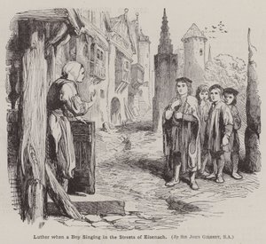 Martin Luther, když chlapec zpívá v ulicích Eisenachu (rytina) od John (after) Gilbert