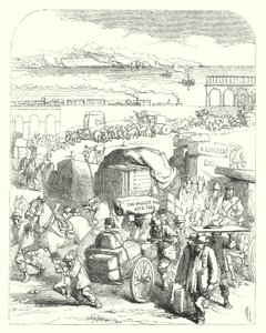 Lodě a vlaky přivážející návštěvníky na Velkou výstavu z roku 1851, Crystal Palace, Hyde Park, Londýn (rytina) od John (after) Gilbert