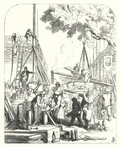 Dělníci na místě Crystal Palace, Hyde Park, Londýn, místo konání Velké výstavy z roku 1851 (rytina)