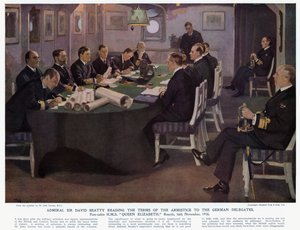 Admirál Sir David Beatty čte podmínky příměří německým delegátům, přední kajuta HMS Queen Elizabeth, Rosyth od John (after) Lavery