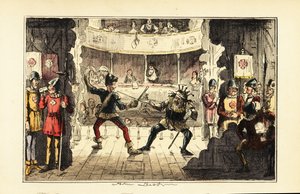 Herci hrající Jindřicha Tudora bojujícího s anglickým králem Richardem III. na jevišti v divadle od John (after) Leech