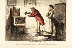 Anglický myslivec v loveckých růžovkách a botách zkoumá lišku v kleci při svíčkách od John (after) Leech