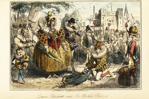 Sir Walter Raleigh položil svůj plášť přes louži pro královnu Alžbětu I. v Greenwichi