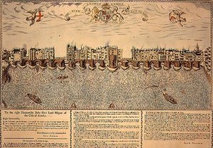 Pohled na London Bridge od východu na západ, dotisk rytiny z roku 1624 od John (after) Norden