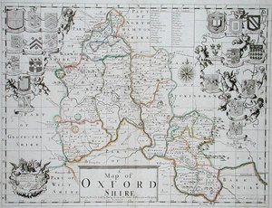 Mapa hrabství Oxfordshire, vyryli a ručně kolorovali John Oliver a Richard Palmer, vydal Philip Lea, asi 1690 (barevná rytina) od John (after) Sellar